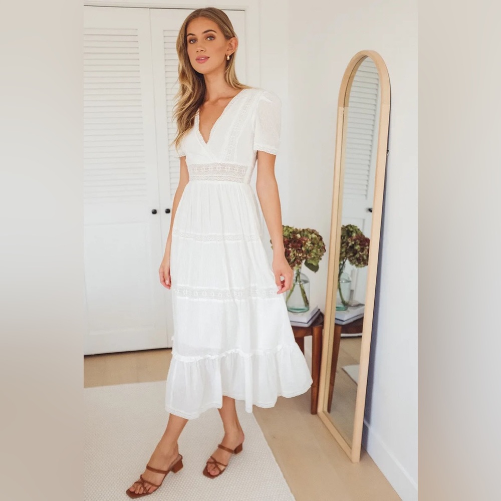 Lulus Folklore White Swiss Dot Lace Tiered Midi Dress